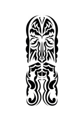 Mask in traditional tribal style. Black tattoo patterns. Isolated. Vetcor.