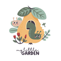 Cute vector cartoon flat insects worms on pear with windows, leaves, tulips, flowers in the garden