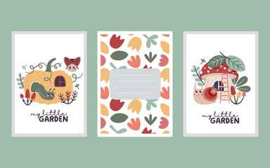 Cute vector cartoon set of garden cards with insects worms on pumpkin with windows, leaves, mushroom, flowers, ladybug, snail and floral pattern card