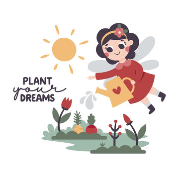 Cute vector cartoon garden fairy with water can, leaves, flowers, berries, branches, tulips, carrots, beets, beds in the garden