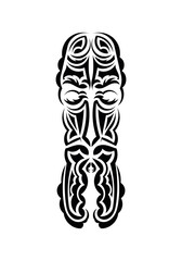 Mask in the style of the ancient tribes. Black tattoo patterns. Isolated on white background. Vetcor.