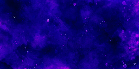 Abstract cosmic purple ink texture water color paint illustration. Paper textured aquarelle canvas for creative design with scratches. Deep dark violet neon lights watercolor background.