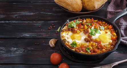 Fried eggs on pan with buns with copy space. Shakshouka is Maghrebi dish of eggs poached in a sauce of tomatoes, olive oil, peppers, onion and garlic