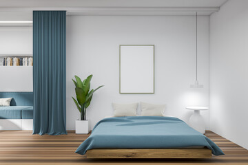 Front view on blue bedroom interior with empty white poster