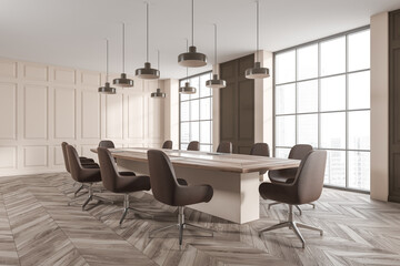 Corner view on bright office interior with large meeting board,