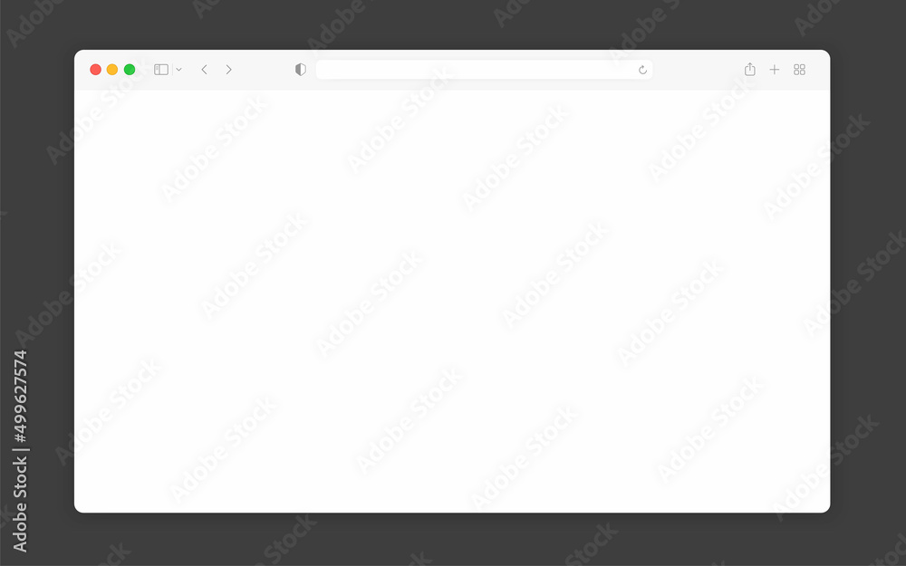 Poster Web browser window white template. Realistic blank browser window with toolbar and shadow. Sample frame design Internet page mockup. PC, laptop, tablet and smartphone empty web page mockup.