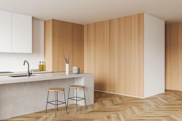 Corner view on bright kitchen room interior with cupboard