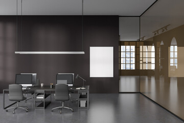 Front view on dark office interior with empty white poster