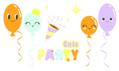 Cartoon party decorations. Collection of holiday items. Isolated vector illustration