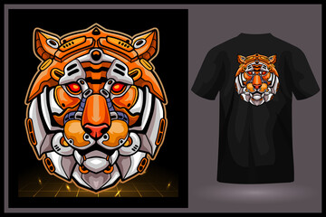 Tiger head robot mascot. esport logo design with t-shirt preview