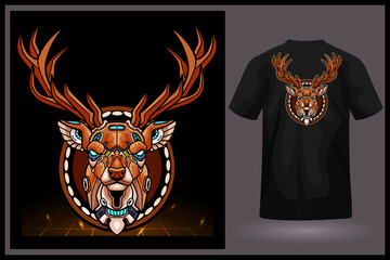 Deer head robot mascot. esport logo design with t-shirt preview