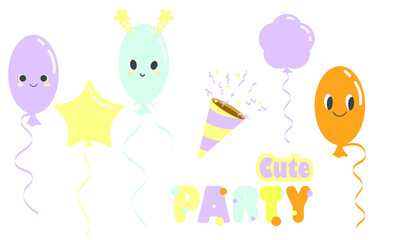 Cartoon party decorations. Collection of holiday items. Isolated vector illustration