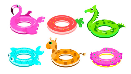 Set of colorful swim rings in cartoon style. Vector illustration of lifebuoys, pool rubber toys and sea with design flamingo, strawberry, dragon, fish, giraffe and donut on white background. © MVshop