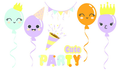 Cartoon party decorations. Collection of holiday items. Isolated vector illustration