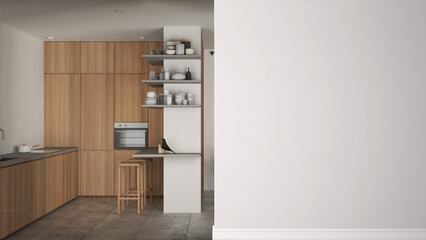 Fototapeta na wymiar Cozy modern wooden kitchen with dining island with stools, concrete tiles floor, on a foreground wall, interior design architecture idea, concept with copy space, blank background