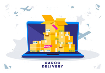 Vector illustration of cargo delivery, packing boxes on the background of an open laptop