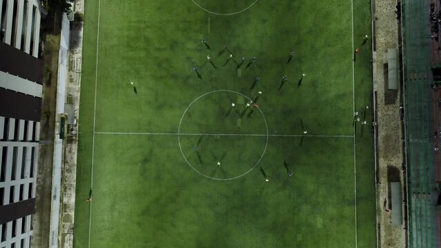 aerial view of a friendly soccer game