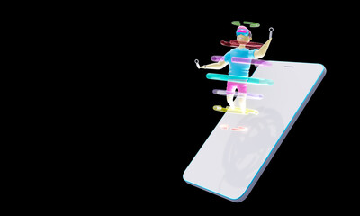 3d render. Mobile application for virtual reality. a character in VR glasses and with controllers flies out of the phone screen