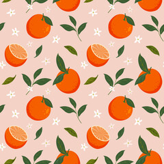 Summer tropical oranges with leaves and flowers seamless pattern on a pastel pink background. Vector design with fruits for wallpapers, textiles