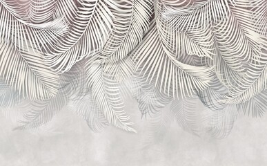 Photo wallpaper with tropical leaves. Decorative fresco in the grunge style. Palm leaves on a gray background. Large tropical leaves. - obrazy, fototapety, plakaty