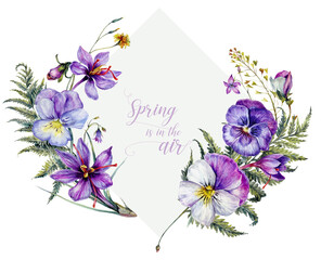 Hand Drawn Watercolor Floral Decoration Isolated on White. Spring Flowers Arrangement in Vintage Style.