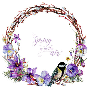Hand Drawn Watercolor Floral Decoration Isolated on White. Spring Flowers Arrangement in Vintage Style.