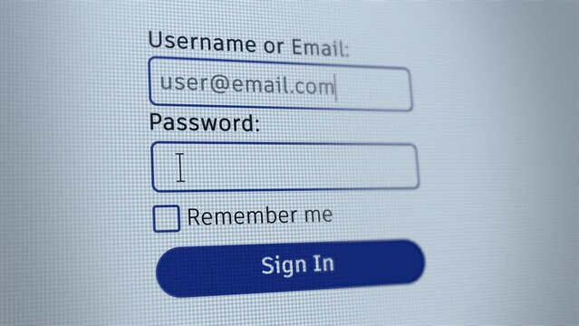 Login on computer screen. Typing username and password with pixelated effect. Tutorial on how to access your account or sign in.