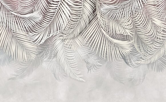 Photo wallpaper with tropical leaves. Decorative fresco in the grunge style. Palm leaves on a gray background. Large tropical leaves. © antura