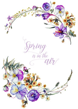 Hand Drawn Watercolor Floral Decoration Isolated on White. Spring Flowers Arrangement in Vintage Style.