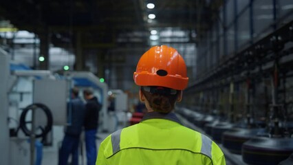 Back view mechanic walking plant. Huge industrial manufacturing modern warehouse