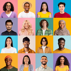 Collage of happy multiracial young people avatars on studio backgrounds