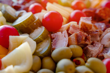 cherry tomatoes, sweet peppers,  pickled cucumbers, pickled garlic, olives,  sausage, different cheese, bacon on wooden plate. Snack food