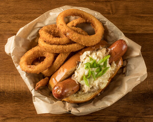 Hot Dog and Onion Rings in a Basket