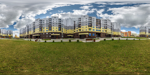 Fototapeta na wymiar 360 hdri panorama near playground in middle of modern multi-storey multi-apartment residential complex of urban development in equirectangular seamless spherical projection, AR VR content