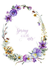 Hand Drawn Watercolor Floral Decoration Isolated on White. Spring Flowers Arrangement in Vintage Style.