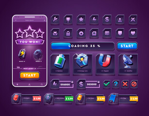 Set of icons and buttons for 2d space game. Big set buttons for games and app. Metal game UI kit. Space game icon.
