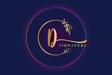 luxury signature logo design initial D isolated flower and leaf . Handwriting vector logo design illustration image