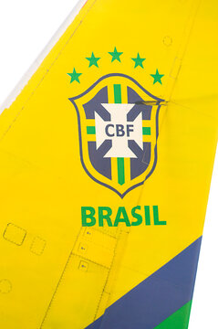 CBF Brazil Soccer Team painting detail on vertical stailizer of a Gol Airlines Airplane. Guarulhos, State of S&atilde;o Paulo, Brazil. April 10, 2022