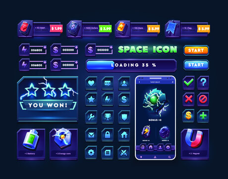 Set of icons and buttons for 2d space game. Big set buttons for games and app. Metal game UI kit. Space game icon.
