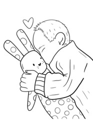 Sleeping newborn baby coloring page. Outline illustration with little kid with bunny.