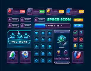 Set of icons and buttons for 2d space game. Big set buttons for games and app. Metal game UI kit. 