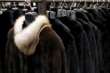 Fur coats in a row on a hanger in the store. Female fashion, natural fur clothes in sale