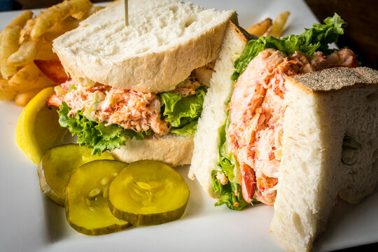 Close Up of Lobster Sandwich with Pickles 