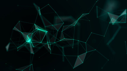 Network connection technology. Abstract green background with points, lines and triangles. Digital futuristic backdrop. Big data visualization. 3D rendering.