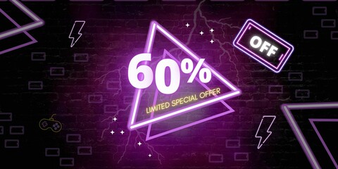 Obraz premium 60% off limited special offer. Banner with sixty percent discount on a black background with purple triangles neon