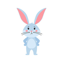 Evil, angry cartoon rabbit or hare. The gloomy hare stands with his hands on his hips. Printing for children's T-shirts, greeting card, posters. Hand-drawn vector stock illustration isolated on white 