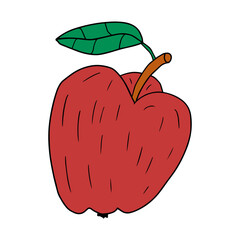 Cartoon linear doodle retro apple with leaf isolated on white background.