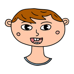 Fototapeta premium Happy cartoon doodle boy portrait isolated on white background. Cute little boy in hand drawn childlike style.