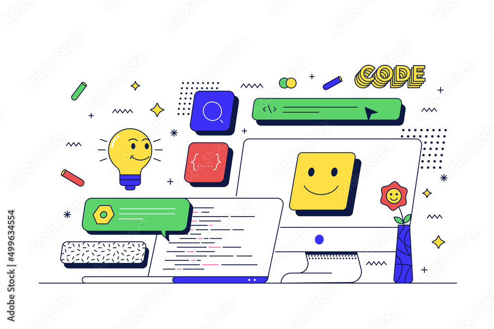 Poster web development concept. table with computer and related icons. flat line 90s cartoon style. vector 
