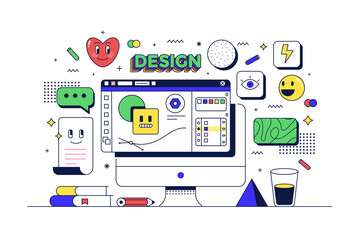 Graphic design concept. Table with computer and related icons. Flat line 90s cartoon style. Vector illustration